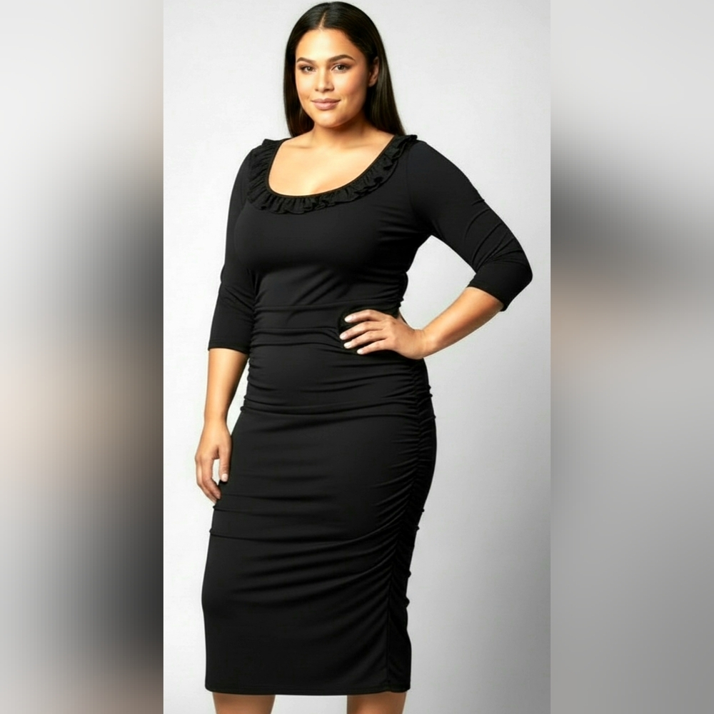 Limited Black Ruched Bodycon Dress XL Stretch Fitted Y2K Vintage Sexy Clubwear